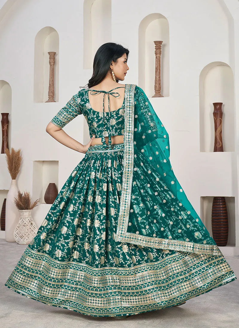 Turquoise Sequence Embroidery Jacquard Lehenga Choli
