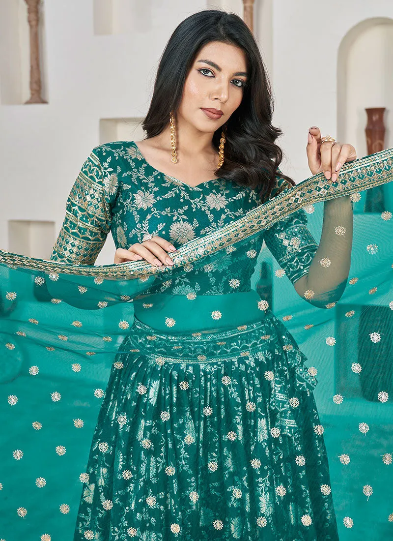 Turquoise Sequence Embroidery Jacquard Lehenga Choli