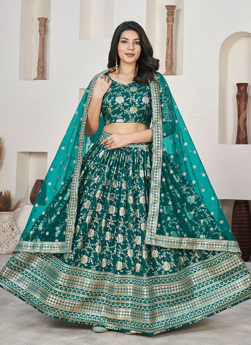 Turquoise Sequence Embroidery Jacquard Lehenga Choli