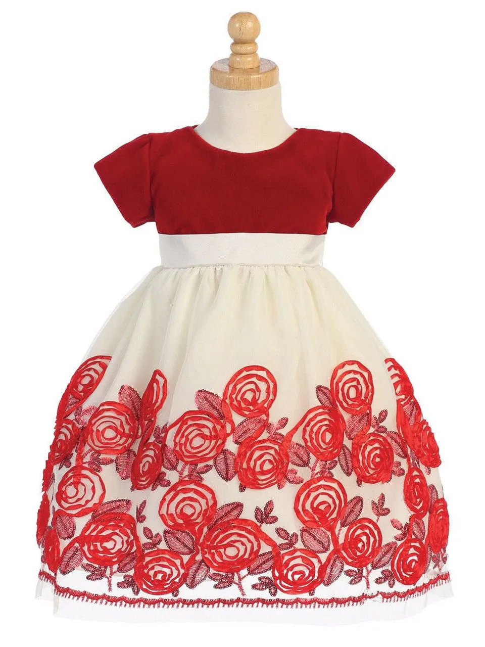 Velvet and Tulle Holiday Dress with Red Satin Ribbon Flowers  C-989R