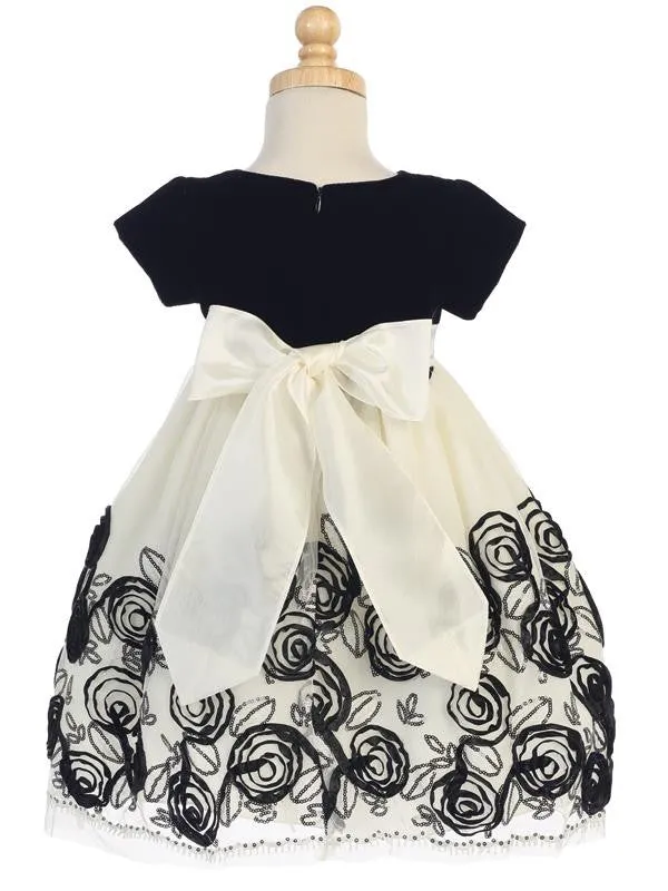 Velvet and Tulle Holiday Dress with Red Satin Ribbon Flowers  C-989R