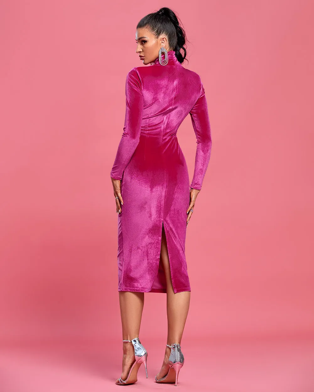 Velvet High Neck Midi Bodycon Dress