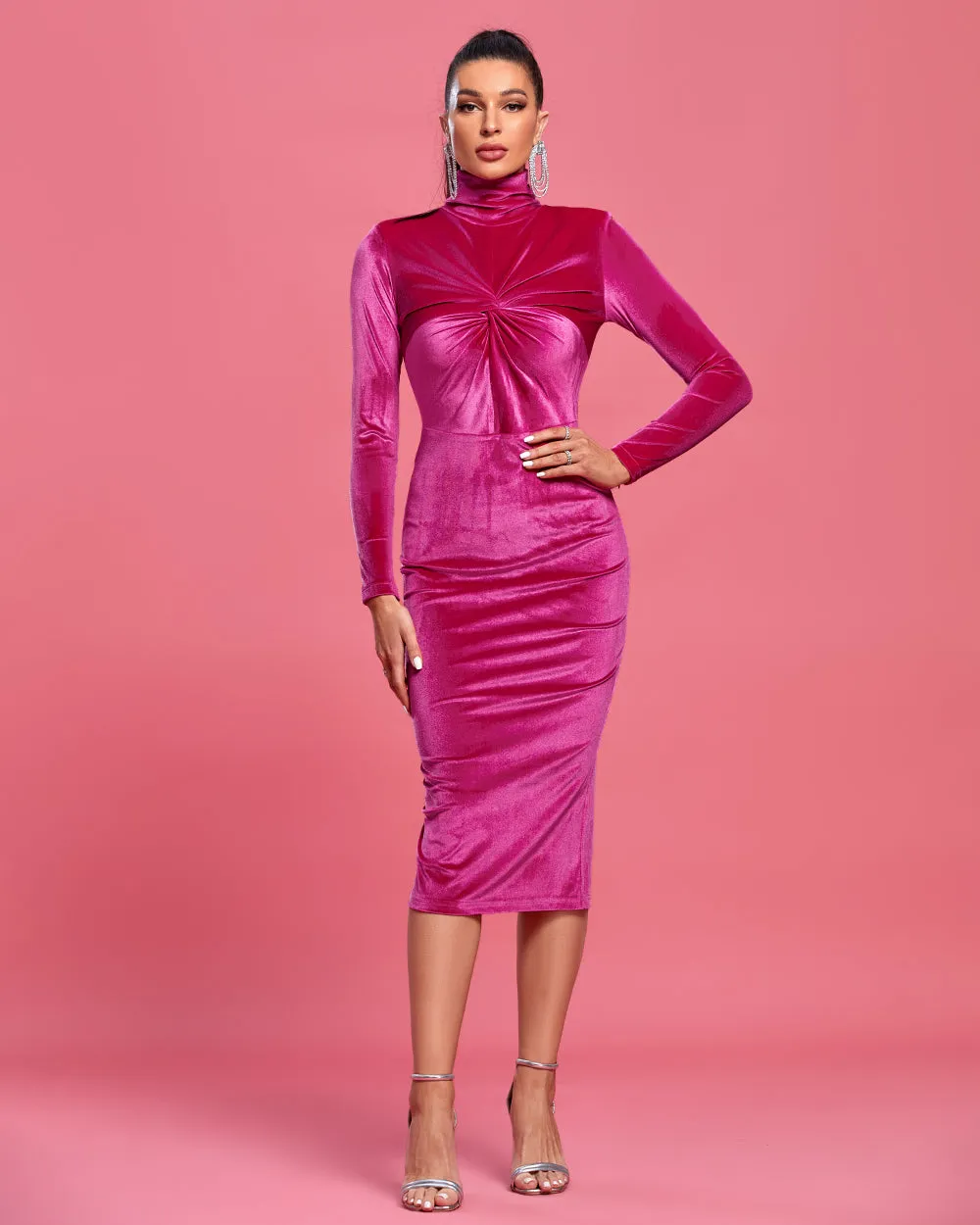Velvet High Neck Midi Bodycon Dress