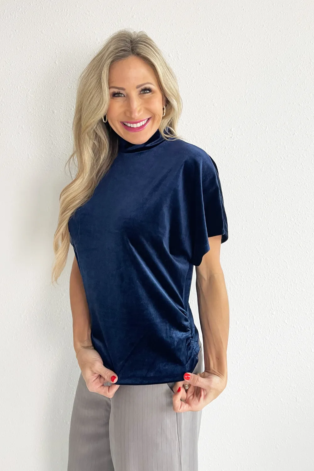 Velvet High Neck Ruched Side Top