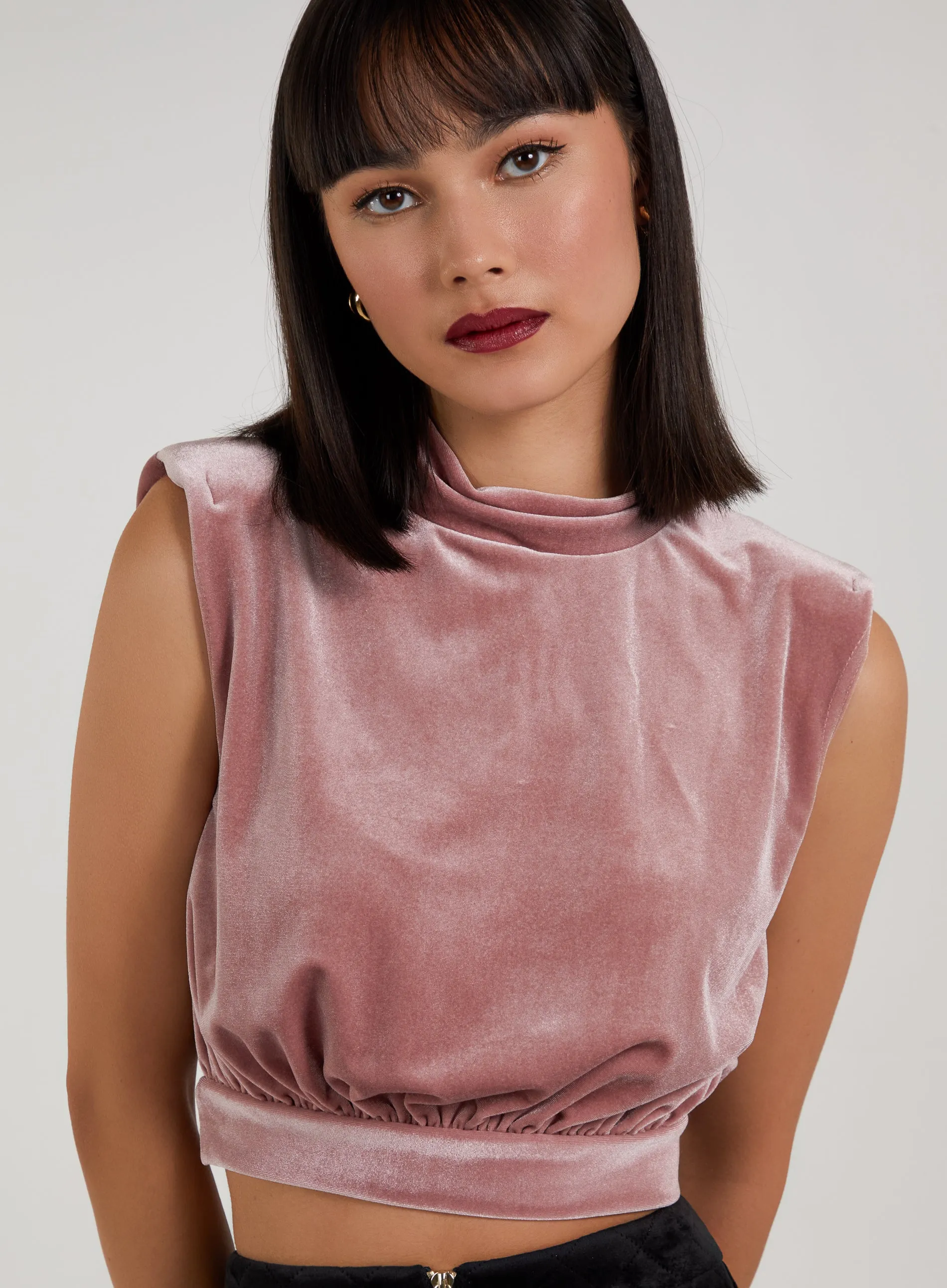 Velvet High Neck Shoulder Pad Top