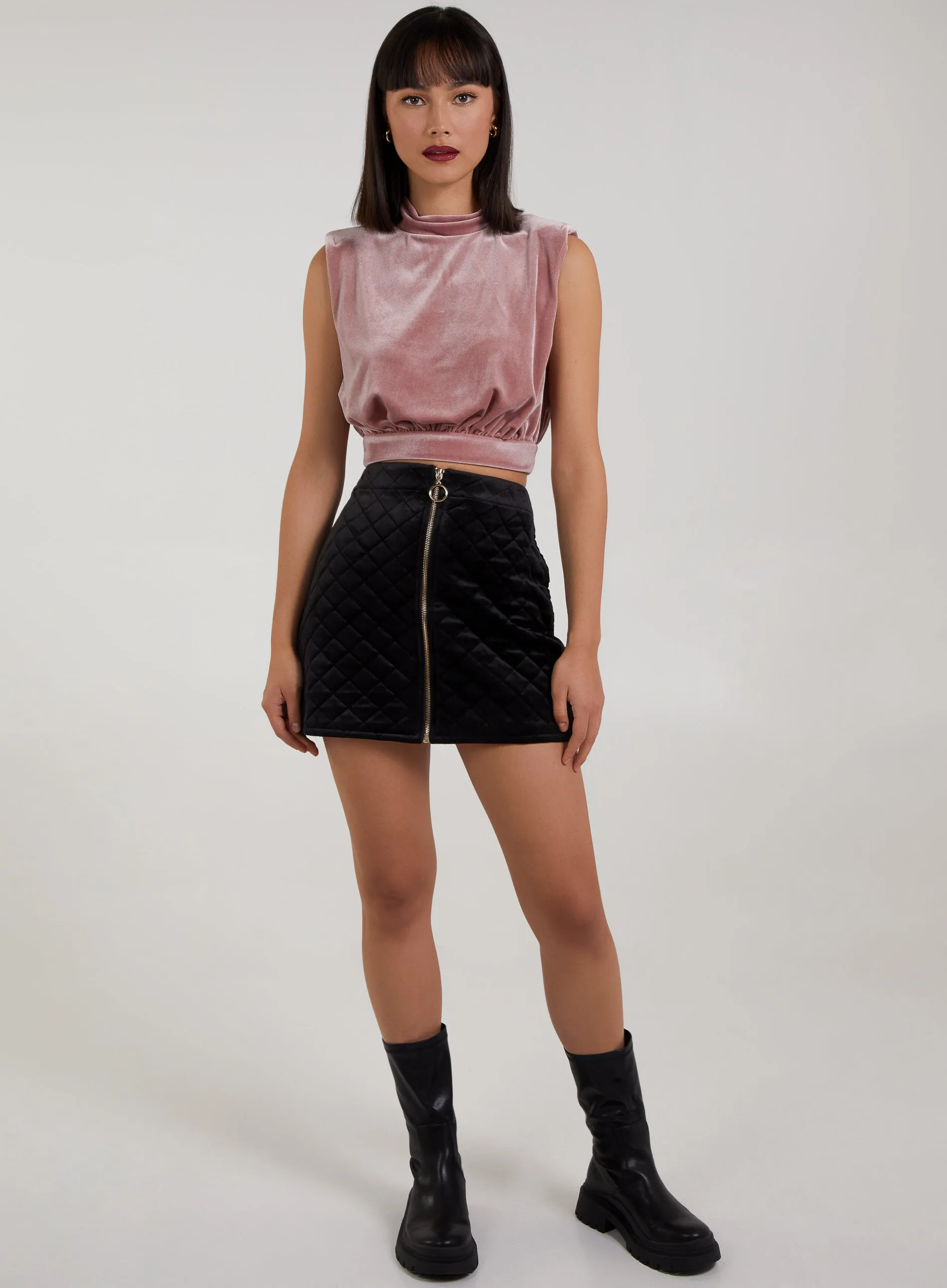 Velvet High Neck Shoulder Pad Top