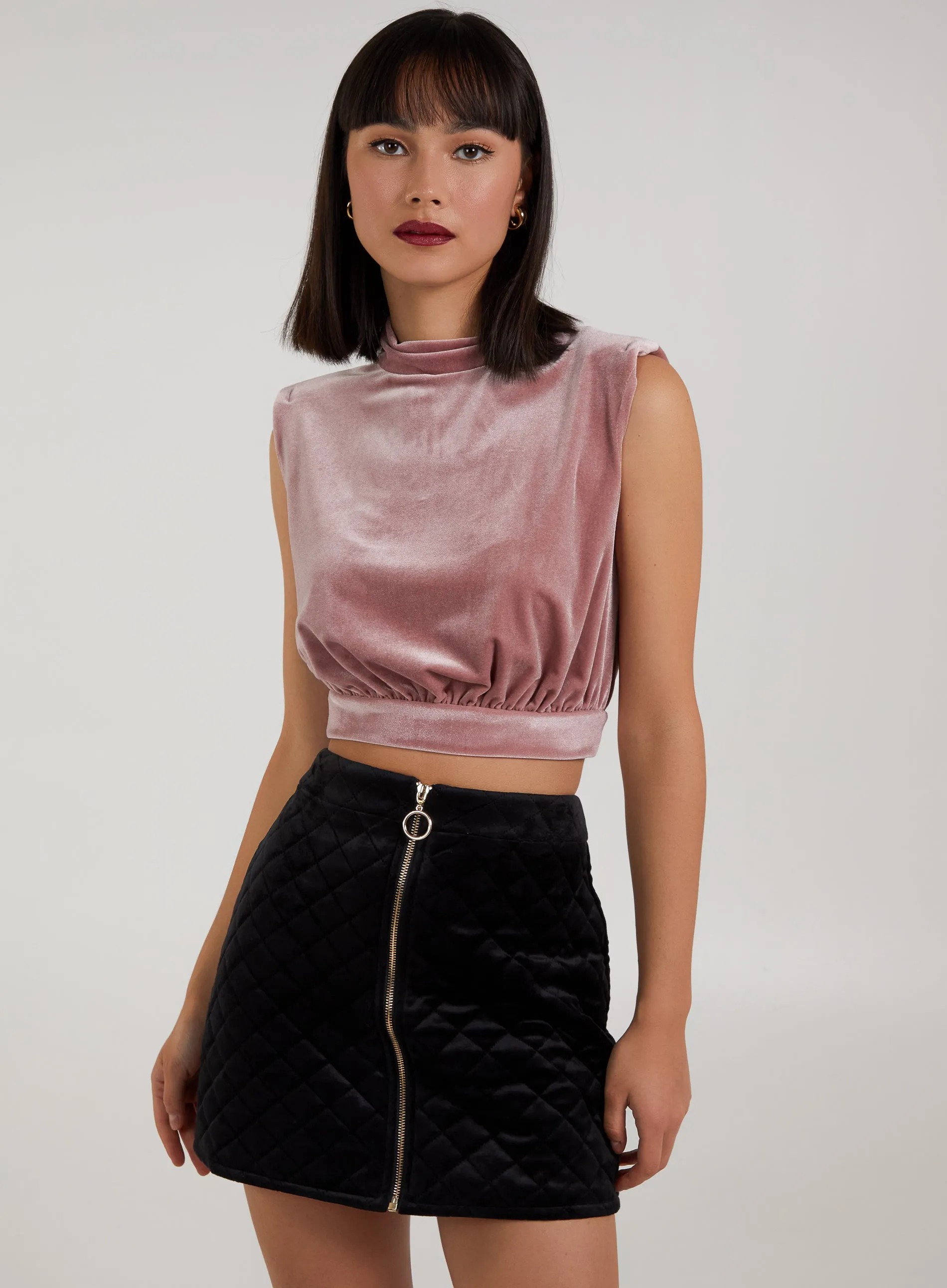 Velvet High Neck Shoulder Pad Top