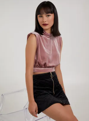 Velvet High Neck Shoulder Pad Top