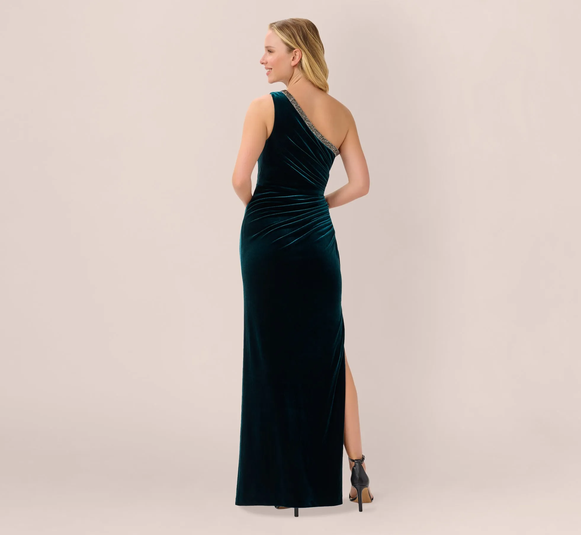 Velvet One Shoulder Gown With Beaded Neckline In Hunter