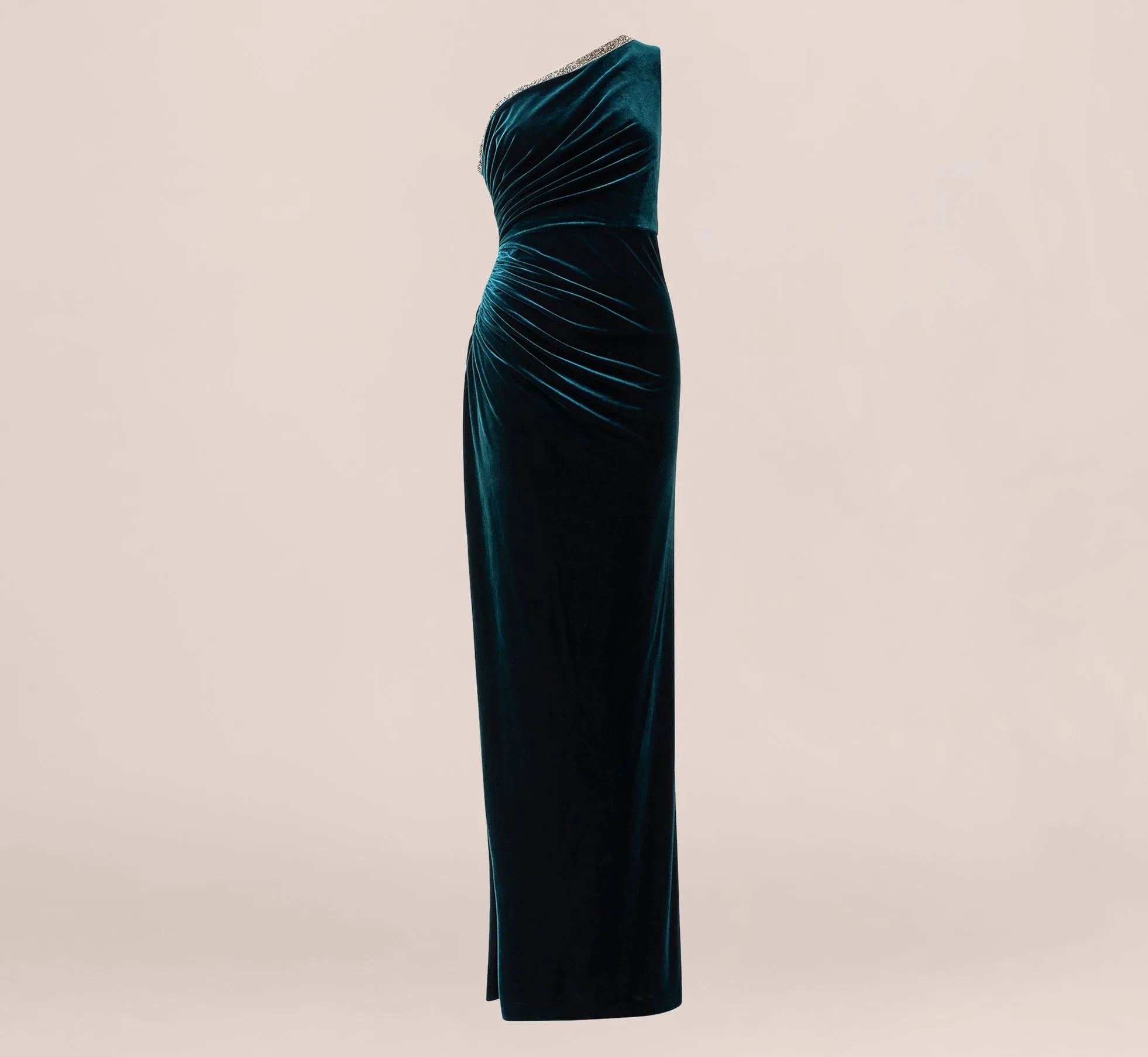 Velvet One Shoulder Gown With Beaded Neckline In Hunter