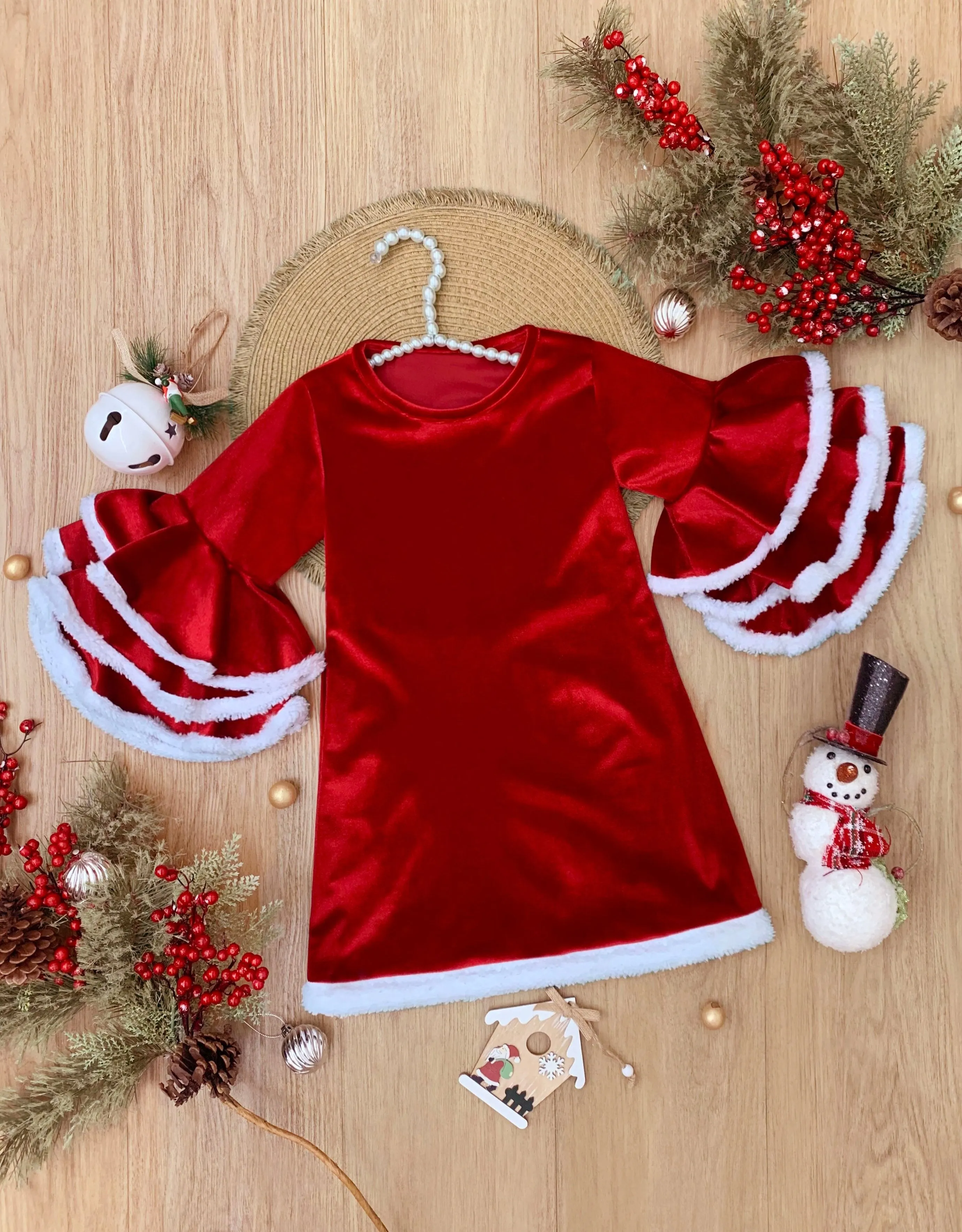 Velvet Santa Bell Sleeve with Faux Fur Dress
