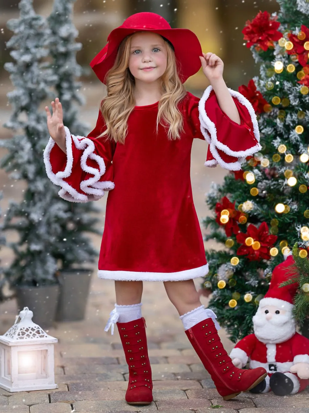 Velvet Santa Bell Sleeve with Faux Fur Dress