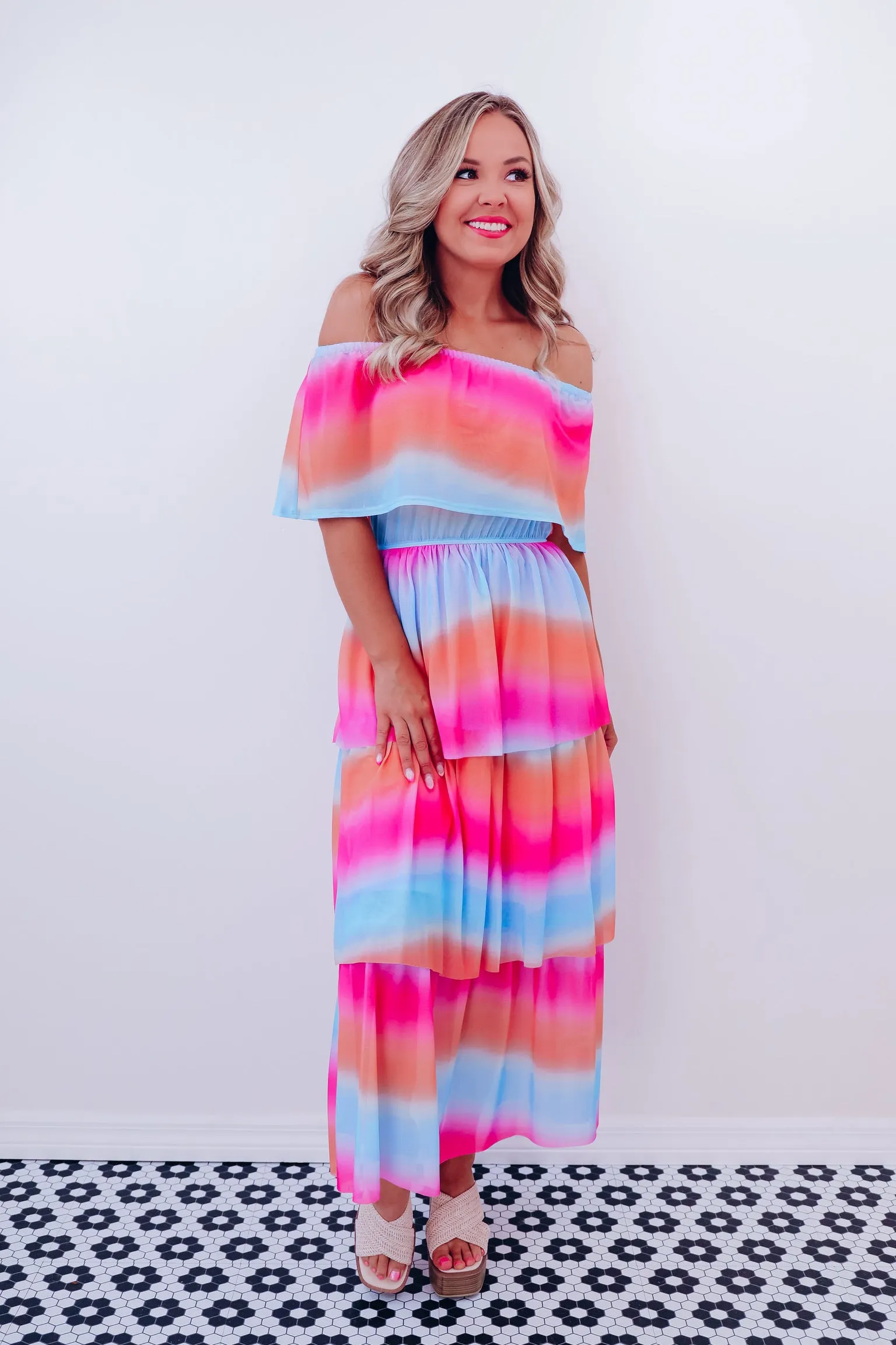 Vibrant Off Shoulder Mesh Maxi Dress - Orange/Blue