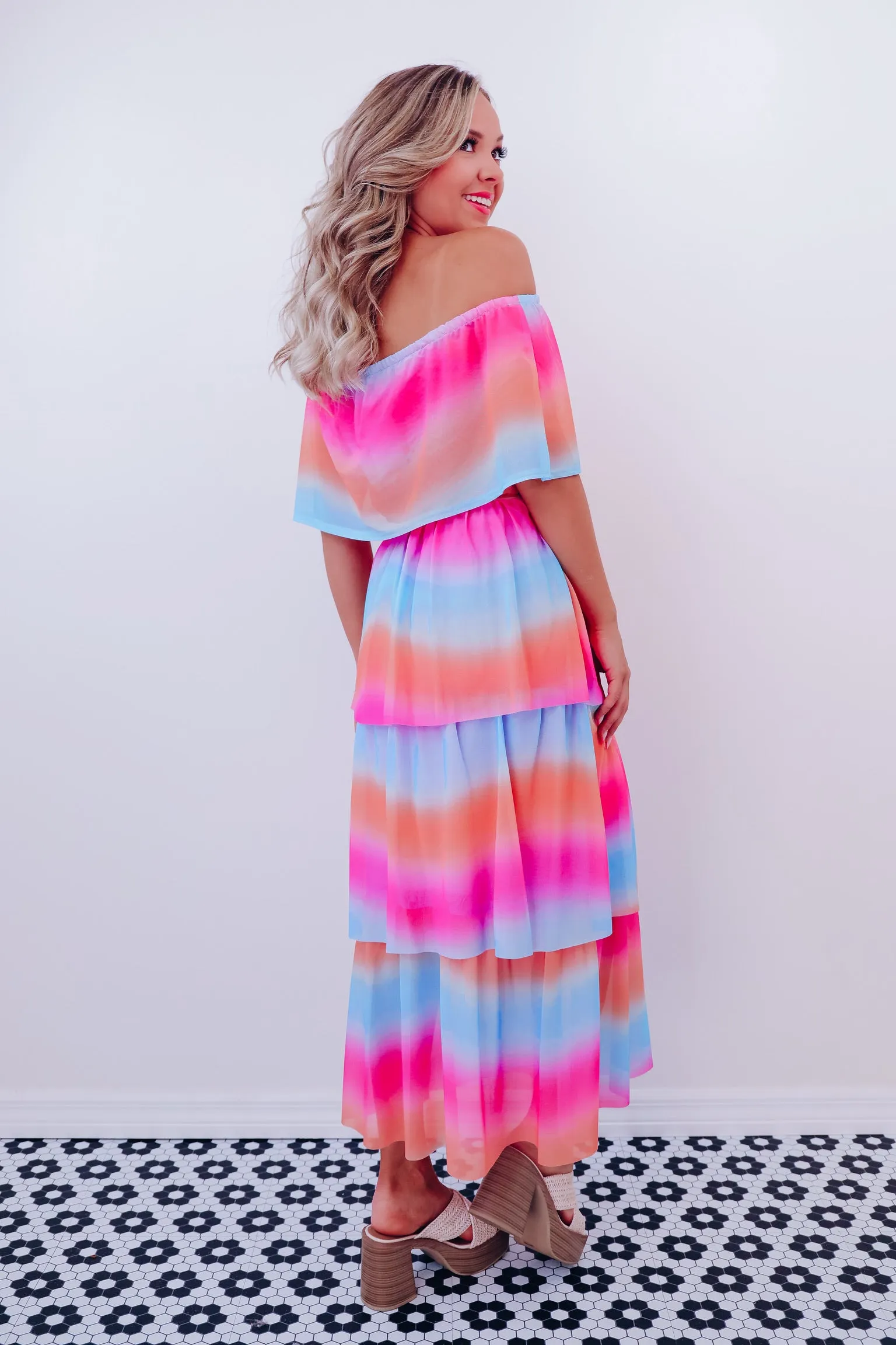 Vibrant Off Shoulder Mesh Maxi Dress - Orange/Blue