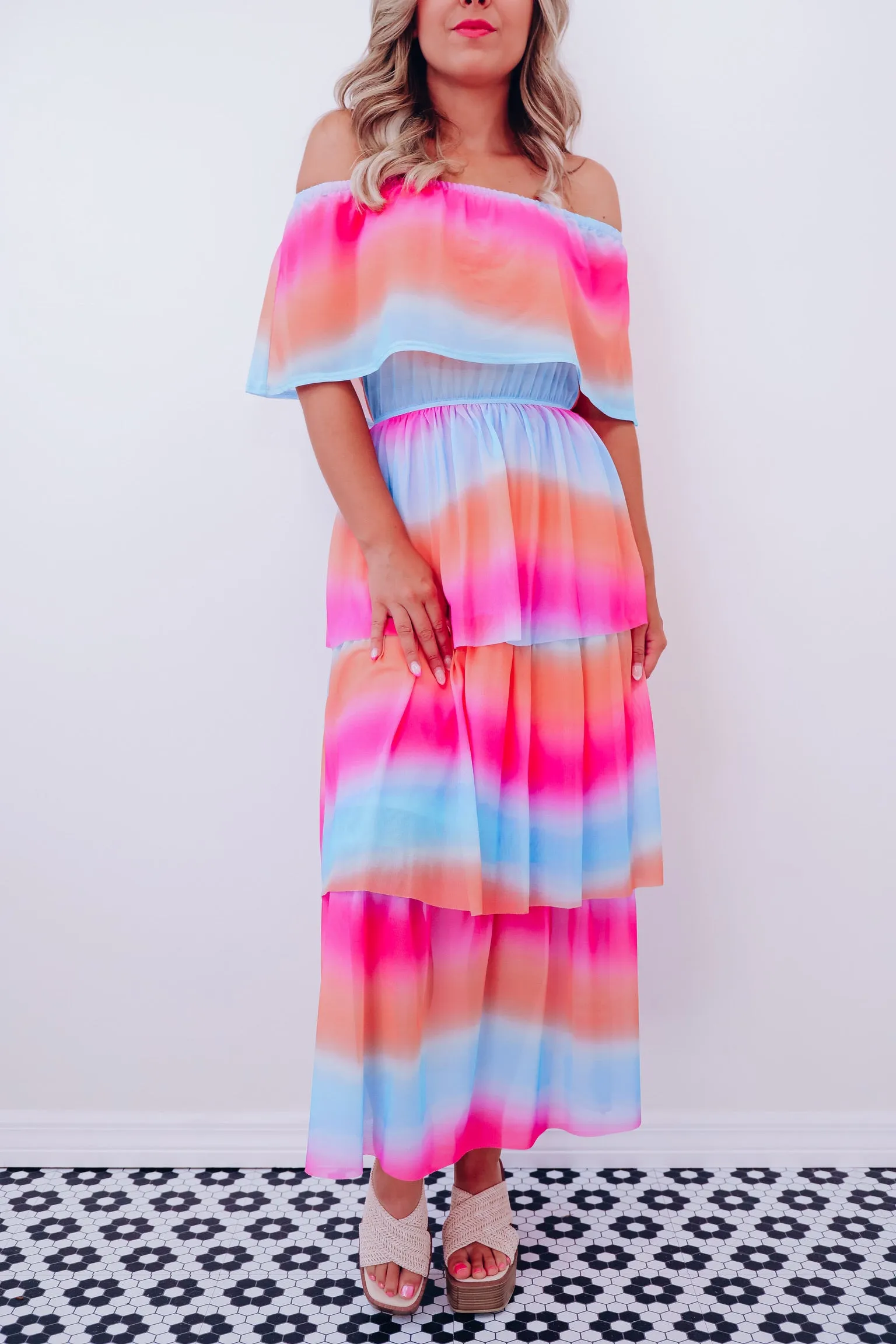 Vibrant Off Shoulder Mesh Maxi Dress - Orange/Blue