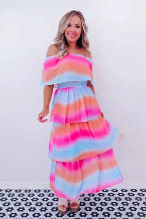 Vibrant Off Shoulder Mesh Maxi Dress - Orange/Blue