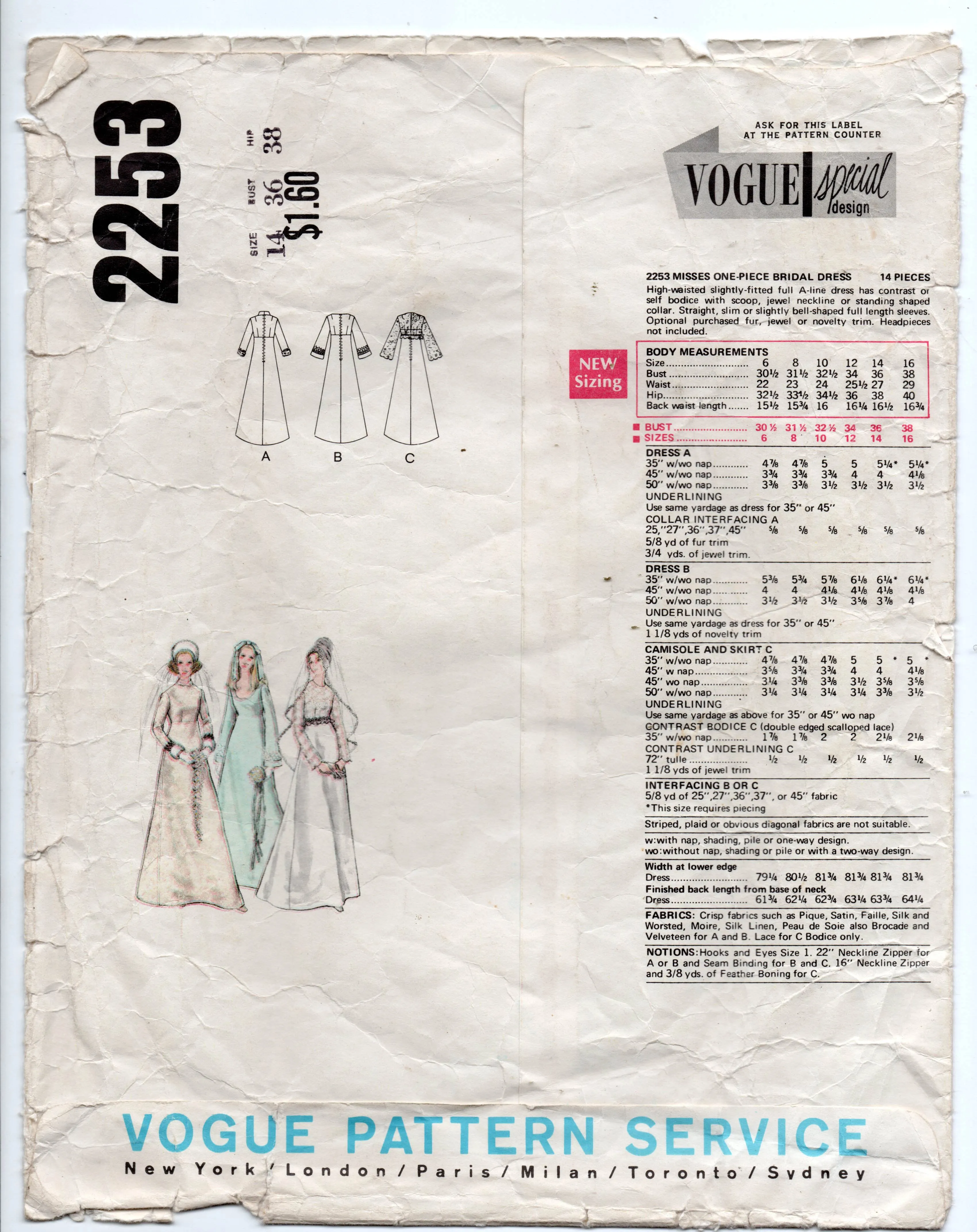 Vogue Special Bridal Design 2253 Womens High Waisted Bell Sleeved Bridal Gown 1970s Vintage Sewing Pattern Size 14 Bust 36 inches