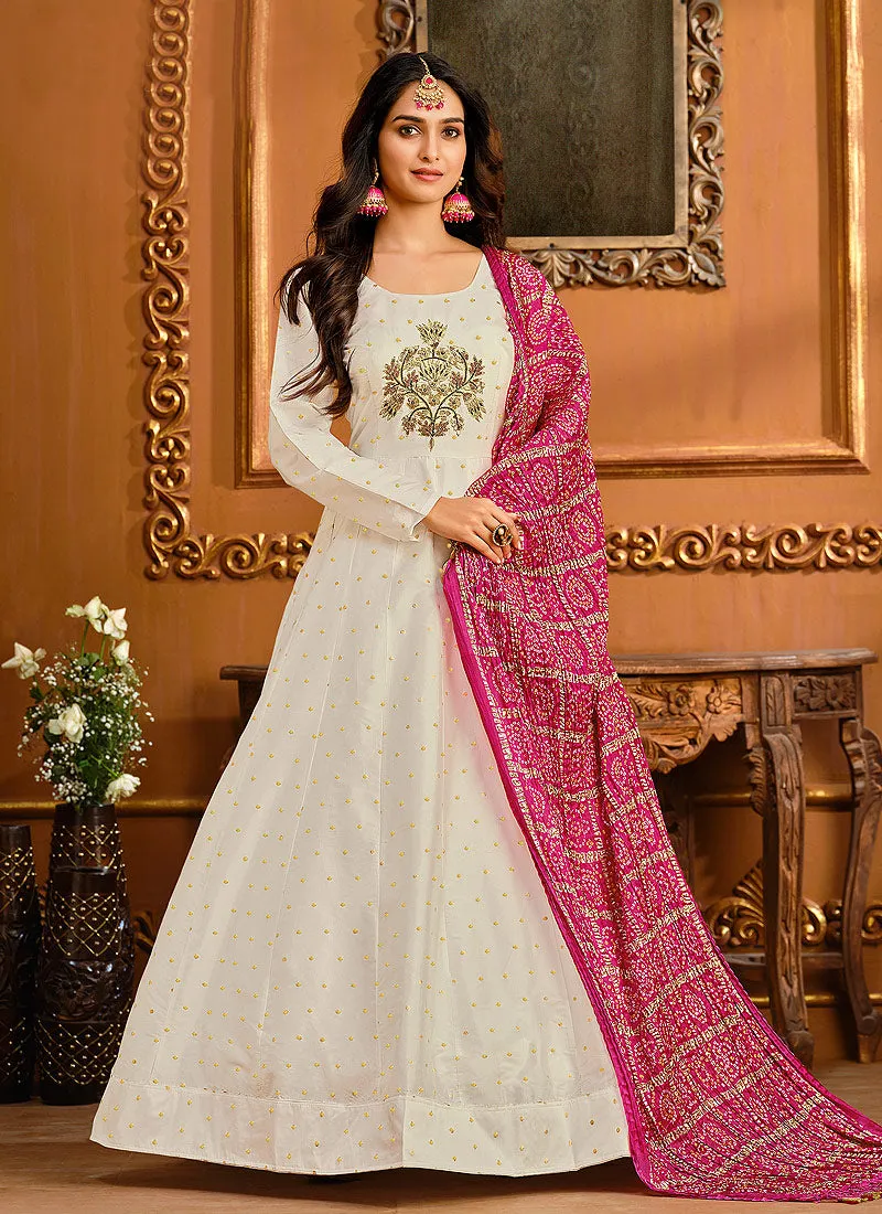White And Pink Embroidered Silk Anarkali Suit