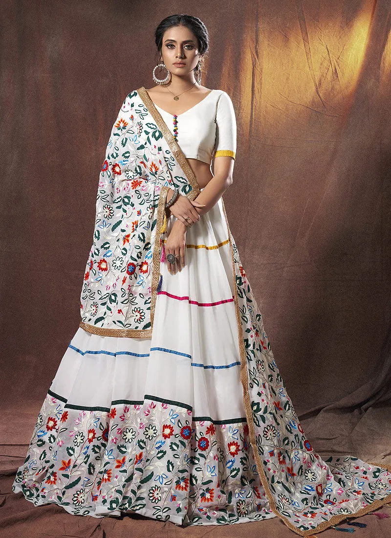 White Multicoloured Embroidered Lehenga Choli