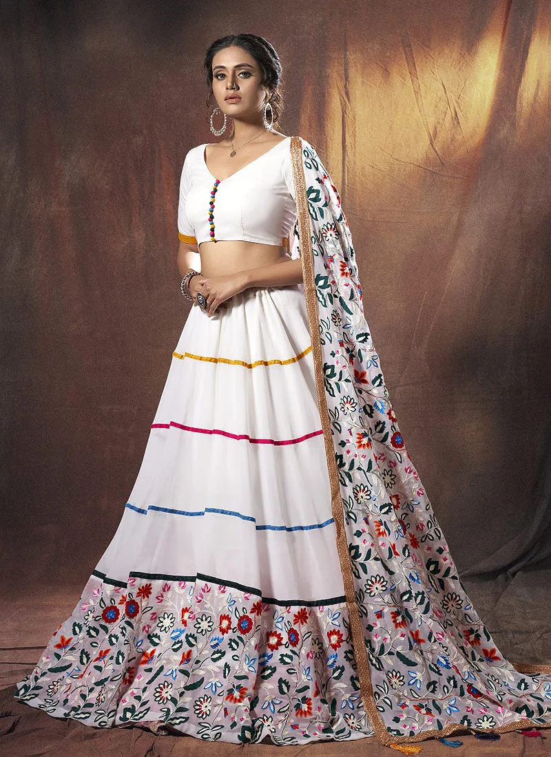 White Multicoloured Embroidered Lehenga Choli