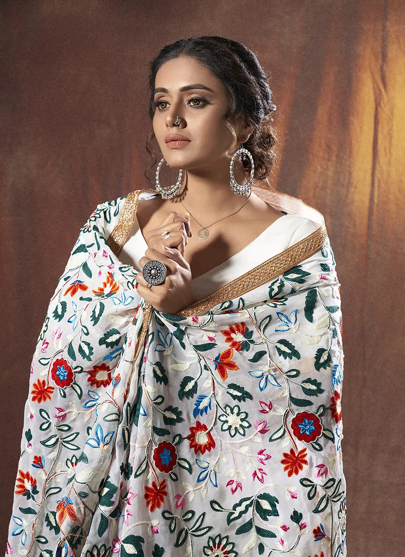 White Multicoloured Embroidered Lehenga Choli