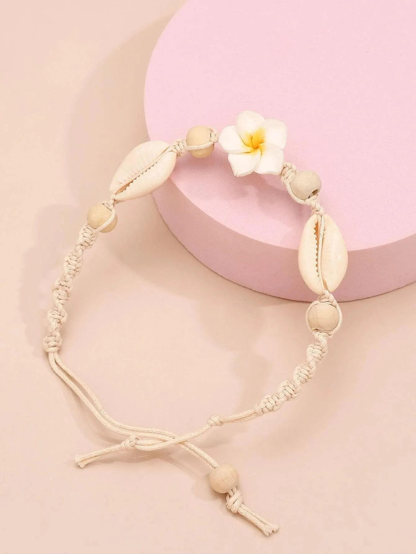 White Plumeria Flower Rope Bracelet, Boho Macrame Flower Anklet Rope Beach Knot Bracelet