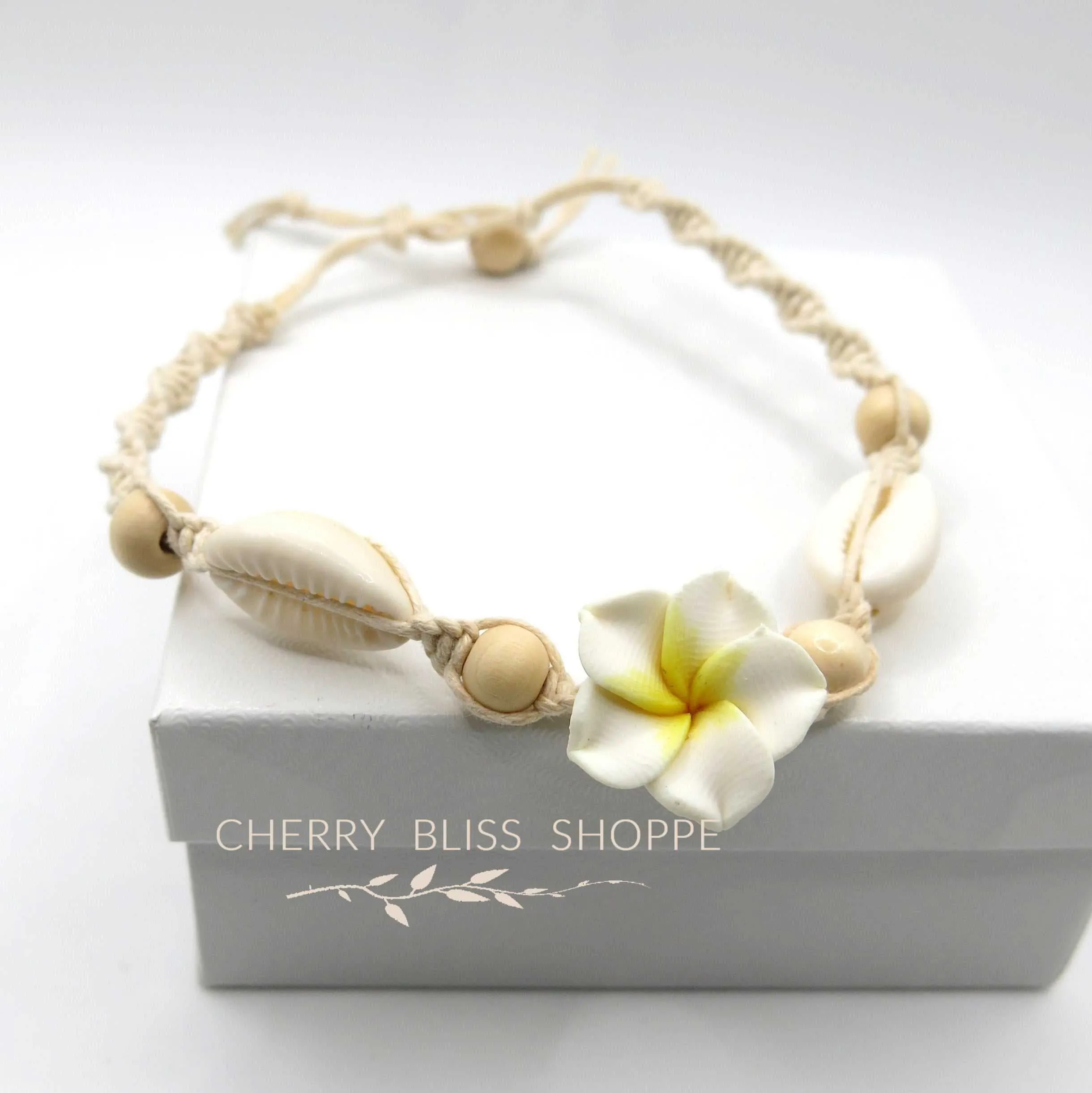 White Plumeria Flower Rope Bracelet, Boho Macrame Flower Anklet Rope Beach Knot Bracelet
