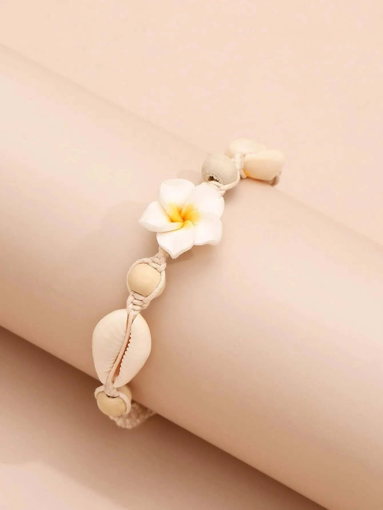 White Plumeria Flower Rope Bracelet, Boho Macrame Flower Anklet Rope Beach Knot Bracelet