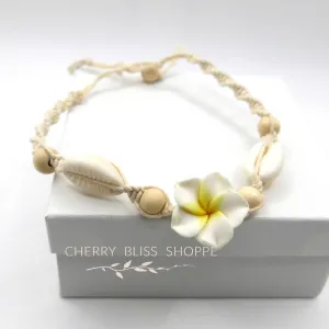 White Plumeria Flower Rope Bracelet, Boho Macrame Flower Anklet Rope Beach Knot Bracelet