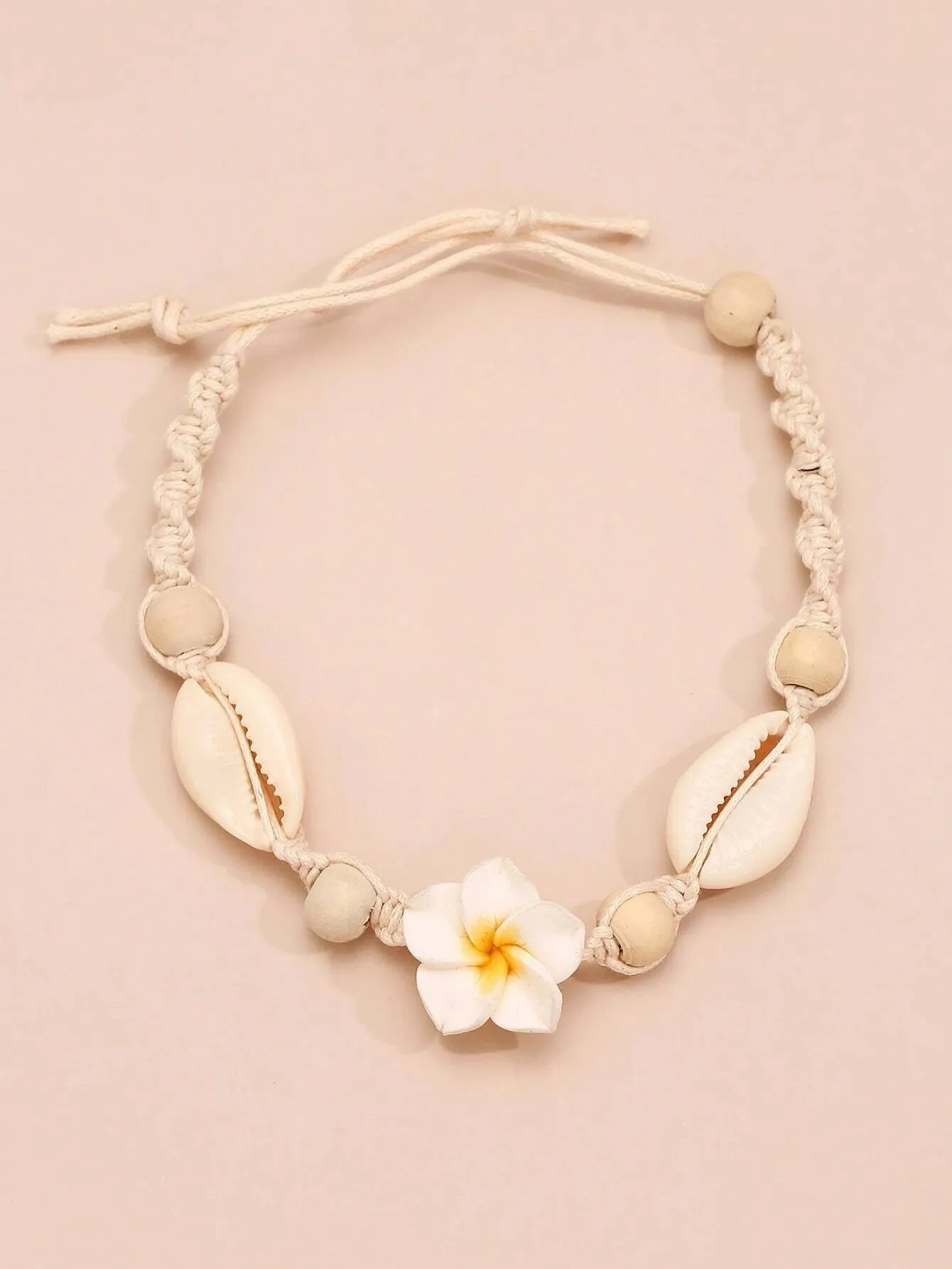 White Plumeria Flower Rope Bracelet, Boho Macrame Flower Anklet Rope Beach Knot Bracelet