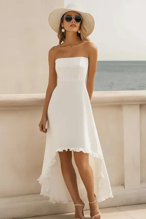 White Satin A Line High Low Graduation Dress with Ruffles