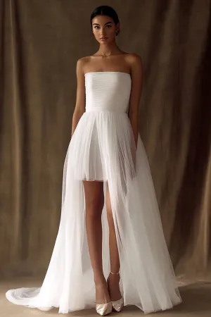 White Tulle Strapless High-Low Engagement Dress with Pleats