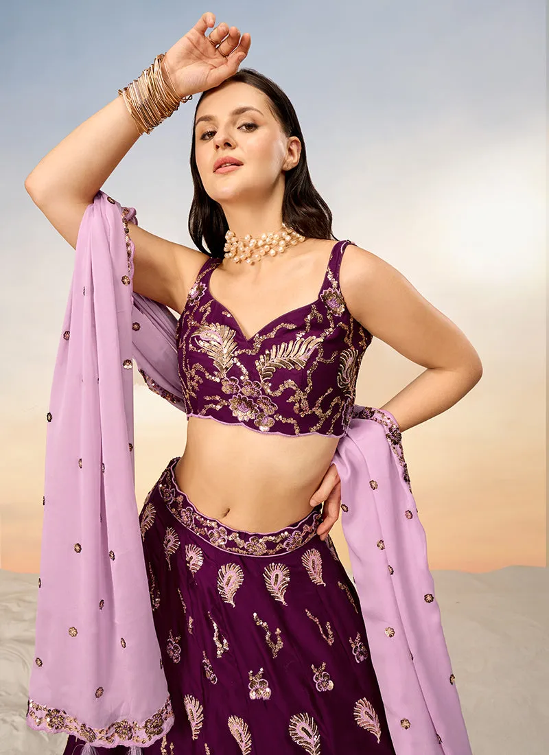 Wine And Pink Bridal Embroidered Lehenga Choli