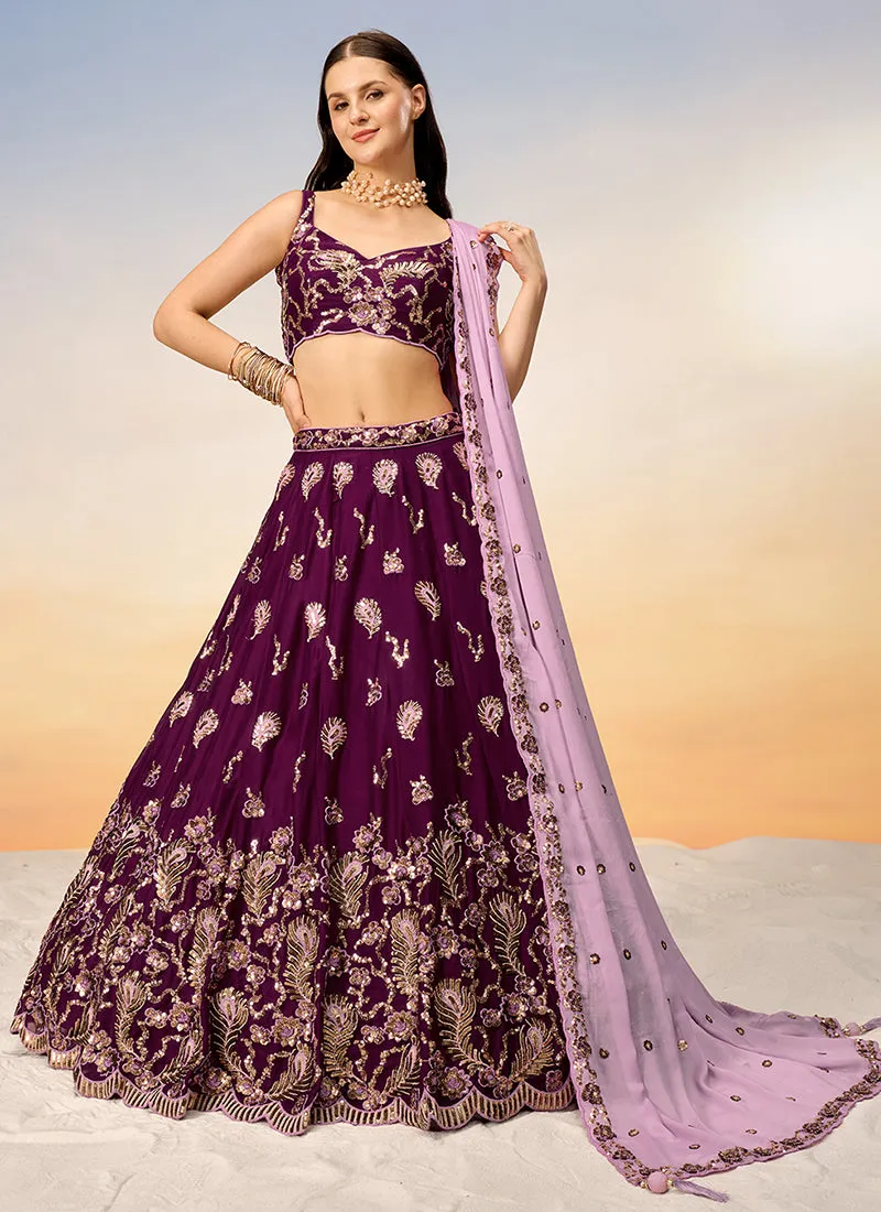 Wine And Pink Bridal Embroidered Lehenga Choli