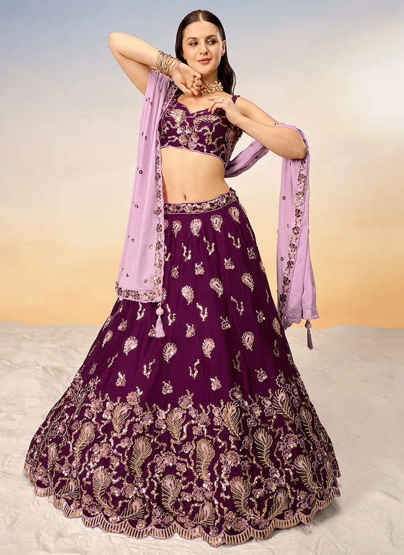 Wine And Pink Bridal Embroidered Lehenga Choli