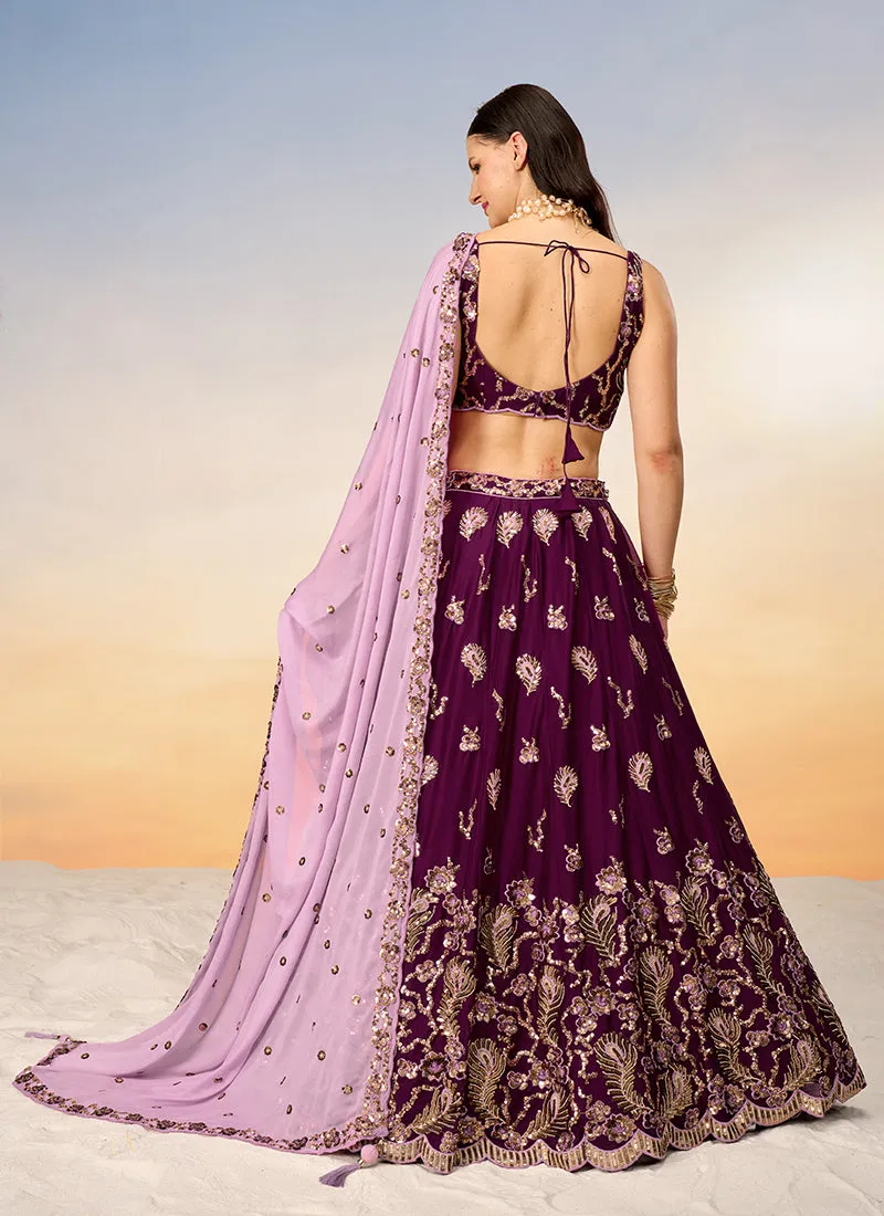 Wine And Pink Bridal Embroidered Lehenga Choli