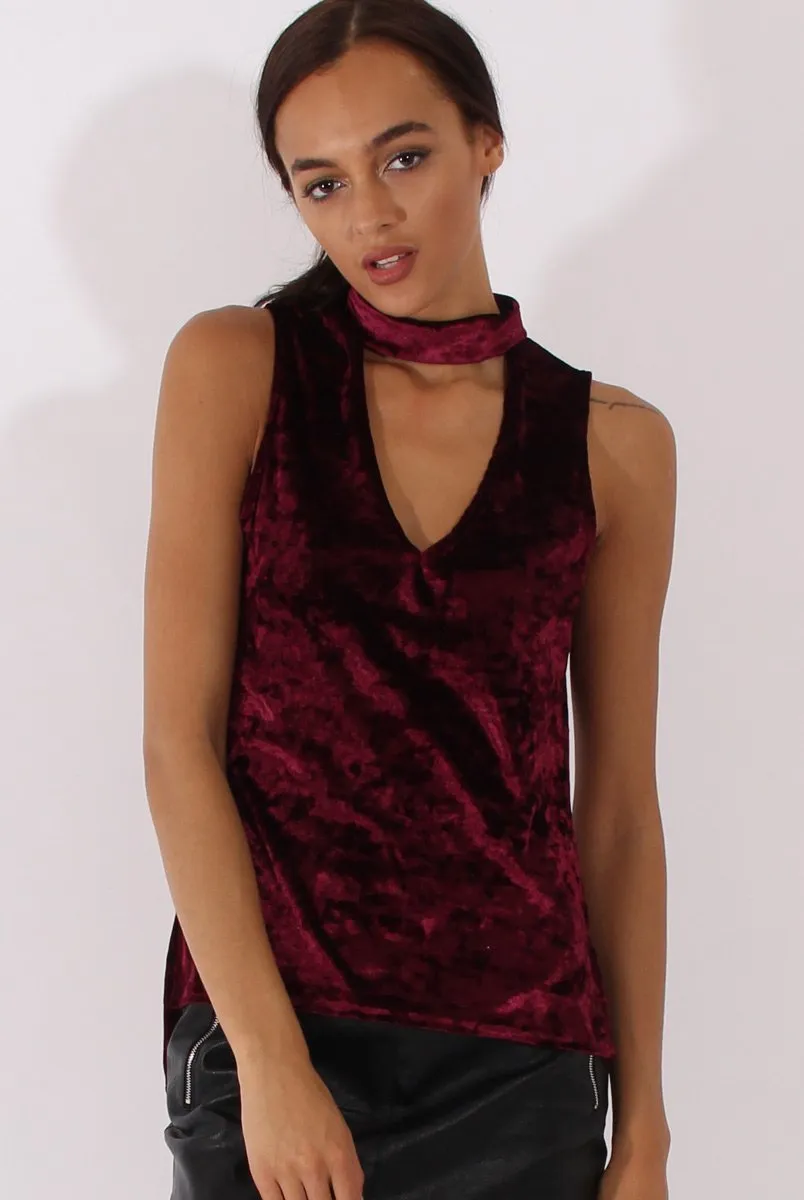 Wine Crushed Velvet Cut Out High Neck Top - Morgan