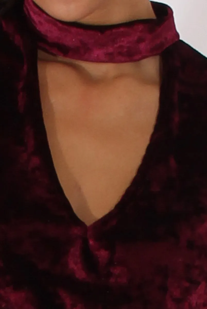 Wine Crushed Velvet Cut Out High Neck Top - Morgan