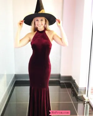 Wine Red Halter Velvet Mermaid Prom Dresses