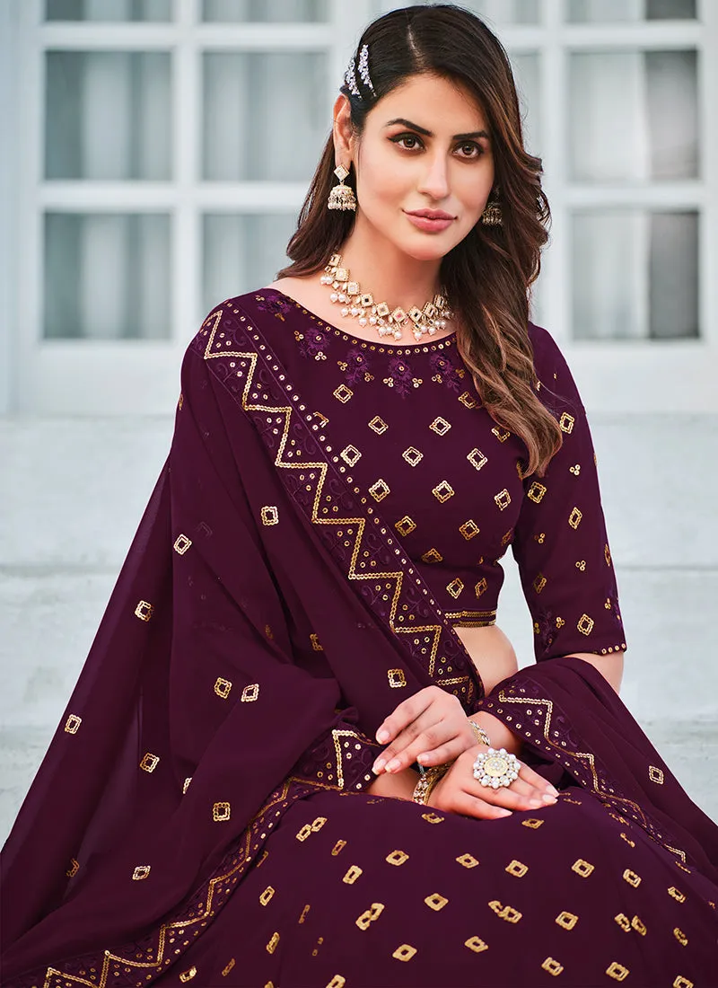 Wine Sequence Embroidery Georgette Lehenga Choli