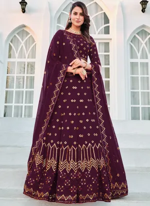 Wine Sequence Embroidery Georgette Lehenga Choli