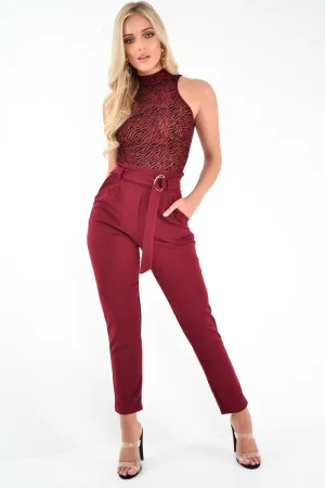 Wine Zebra High Neck Velvet Bodysuit - Tamina