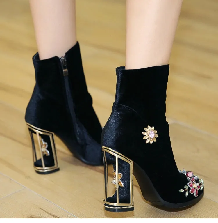 Women boots for wedding retro high heels zipper velvet shoes