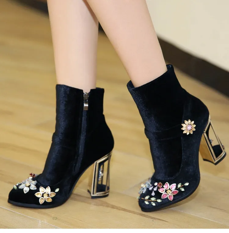 Women boots for wedding retro high heels zipper velvet shoes
