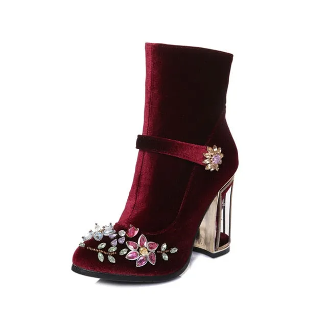 Women boots for wedding retro high heels zipper velvet shoes