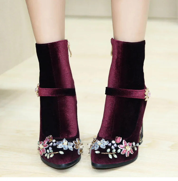 Women boots for wedding retro high heels zipper velvet shoes