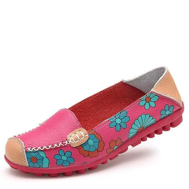 Women Casual Shoes Female Genuine Leather Printing Loafers