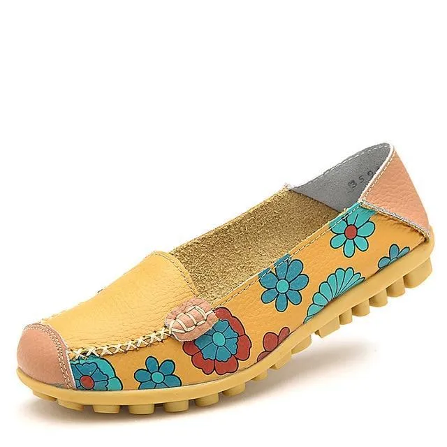 Women Casual Shoes Female Genuine Leather Printing Loafers