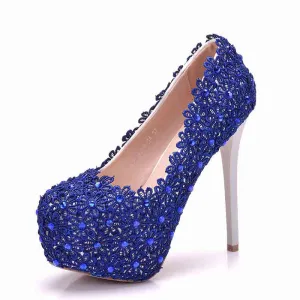 Women Royal Blue Platform Pumps Wedding Shoes for Bridal with Lace