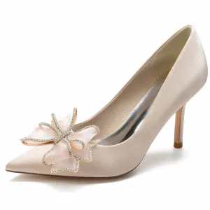 Women's Closed Pointed Toe High Heels with Bow Knot Satin Stiletto Pumps